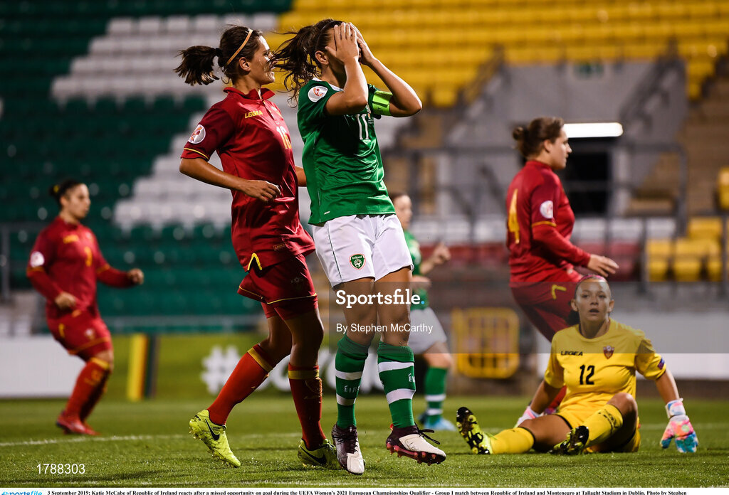 3 September 2019; Katie McCabe of Republic of Ireland reacts after a missed opportunity on goal during the UEFA Women's 2021 European Championships Qualifier - Group I match between Republic of Ireland and Montenegro at Tallaght Stadium in Dublin. Photo by Stephen McCarthy/Sportsfile