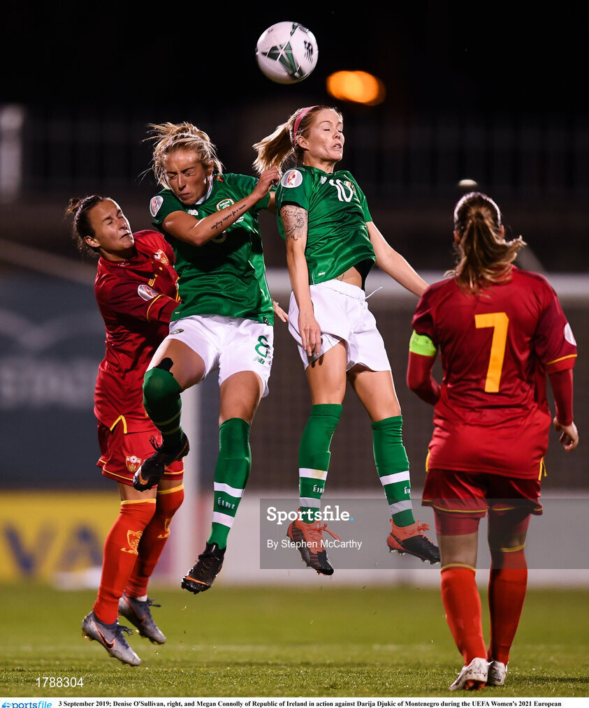 3 September 2019; Denise O'Sullivan, right, and Megan Connolly of Republic of Ireland in action against Darija Djukic of Montenegro during the UEFA Women's 2021 European Championships Qualifier - Group I match between Republic of Ireland and Montenegro at Tallaght Stadium in Dublin. Photo by Stephen McCarthy/Sportsfile