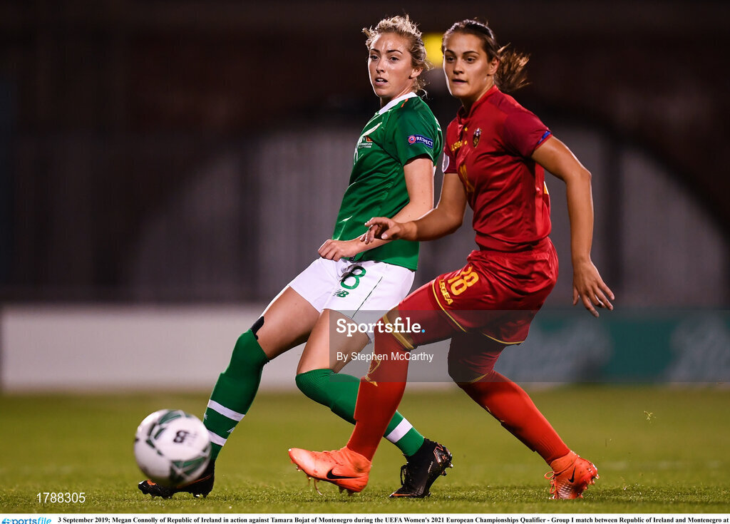 3 September 2019; Megan Connolly of Republic of Ireland in action against Tamara Bojat of Montenegro during the UEFA Women's 2021 European Championships Qualifier - Group I match between Republic of Ireland and Montenegro at Tallaght Stadium in Dublin. Photo by Stephen McCarthy/Sportsfile