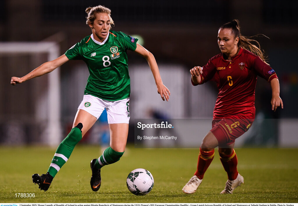 3 September 2019; Megan Connolly of Republic of Ireland in action against Dženita Ramcilovic of Montenegro during the UEFA Women's 2021 European Championships Qualifier - Group I match between Republic of Ireland and Montenegro at Tallaght Stadium in Dublin. Photo by Stephen McCarthy/Sportsfile