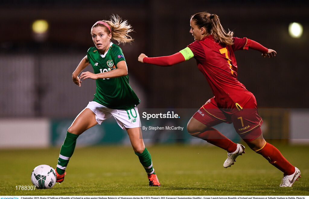 3 September 2019; Denise O'Sullivan of Republic of Ireland in action against Sladjana Bulatovic of Montenegro during the UEFA Women's 2021 European Championships Qualifier - Group I match between Republic of Ireland and Montenegro at Tallaght Stadium in Dublin. Photo by Stephen McCarthy/Sportsfile