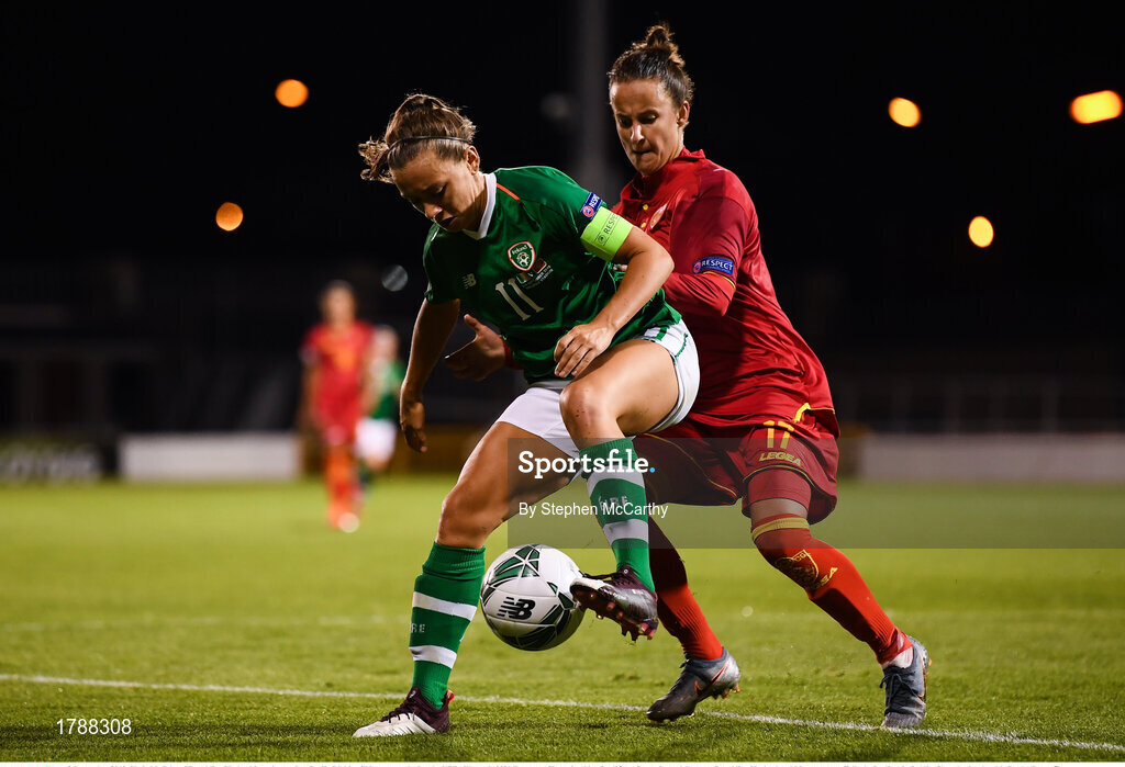 3 September 2019; Katie McCabe of Republic of Ireland in action against Darija Djukic of Montenegro during the UEFA Women's 2021 European Championships Qualifier - Group I match between Republic of Ireland and Montenegro at Tallaght Stadium in Dublin. Photo by Stephen McCarthy/Sportsfile