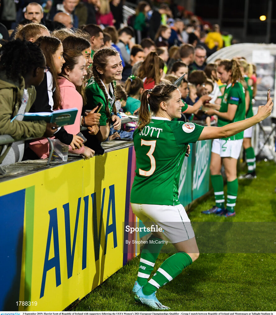 3 September 2019; Harriet Scott of Republic of Ireland with supporters following the UEFA Women's 2021 European Championships Qualifier - Group I match between Republic of Ireland and Montenegro at Tallaght Stadium in Dublin. Photo by Stephen McCarthy/Sportsfile