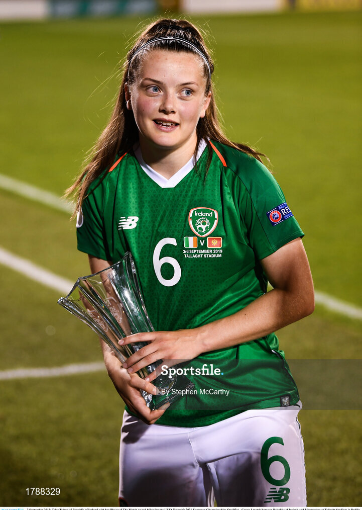 3 September 2019; Tyler Toland of Republic of Ireland with her Player of The Match award following the UEFA Women's 2021 European Championships Qualifier - Group I match between Republic of Ireland and Montenegro at Tallaght Stadium in Dublin. Photo by Stephen McCarthy/Sportsfile