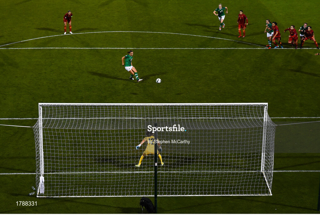 3 September 2019; Katie McCabe of Republic of Ireland shoots to score her side's second goal, a penalty, during the UEFA Women's 2021 European Championships Qualifier - Group I match between Republic of Ireland and Montenegro at Tallaght Stadium in Dublin. Photo by Stephen McCarthy/Sportsfile