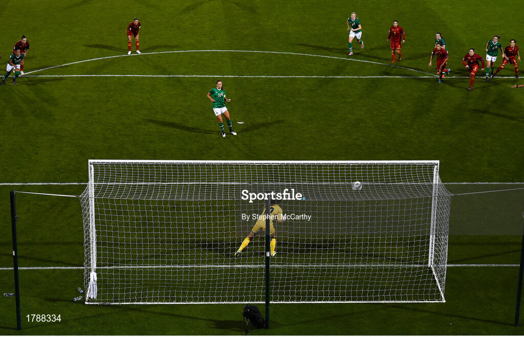 3 September 2019; Katie McCabe of Republic of Ireland shoots to score her side's second goal, a penalty, during the UEFA Women's 2021 European Championships Qualifier - Group I match between Republic of Ireland and Montenegro at Tallaght Stadium in Dublin. Photo by Stephen McCarthy/Sportsfile