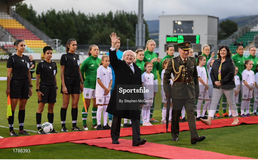 3 September 2019; President of Ireland Michael D Higgins waves to the crowd prior to the UEFA Women's 2021 European Championships Qualifier Group I match between Republic of Ireland and Montenegro at Tallaght Stadium in Dublin. Photo by Stephen McCarthy/Sportsfile
