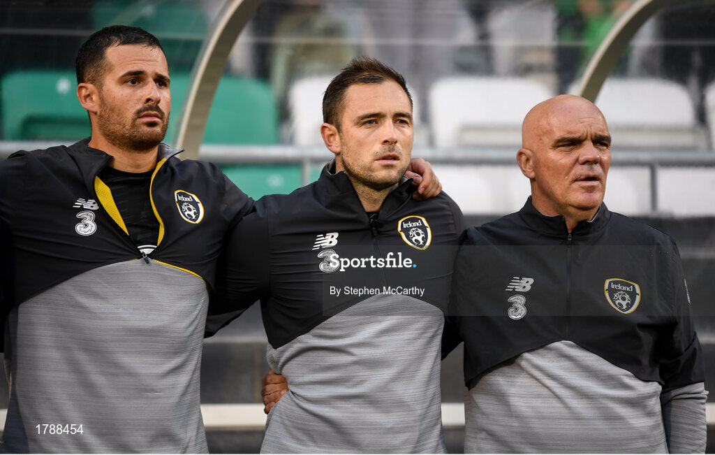 3 September 2019; Republic of Ireland interim manager Tom O'Connor, right, coach Stephen Rice and goalkeeping coach Gianluca Kohn, left, during the UEFA Women's 2021 European Championships Qualifier Group I match between Republic of Ireland and Montenegro at Tallaght Stadium in Dublin. Photo by Stephen McCarthy/Sportsfile