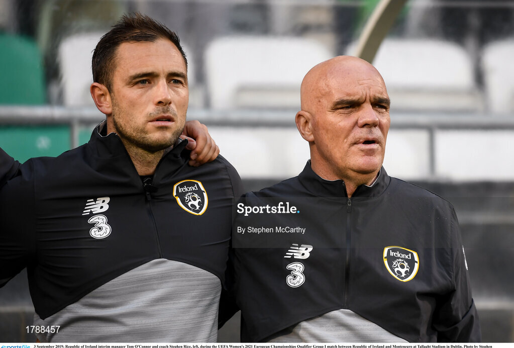 3 September 2019; Republic of Ireland interim manager Tom O'Connor and coach Stephen Rice, left, during the UEFA Women's 2021 European Championships Qualifier Group I match between Republic of Ireland and Montenegro at Tallaght Stadium in Dublin. Photo by Stephen McCarthy/Sportsfile