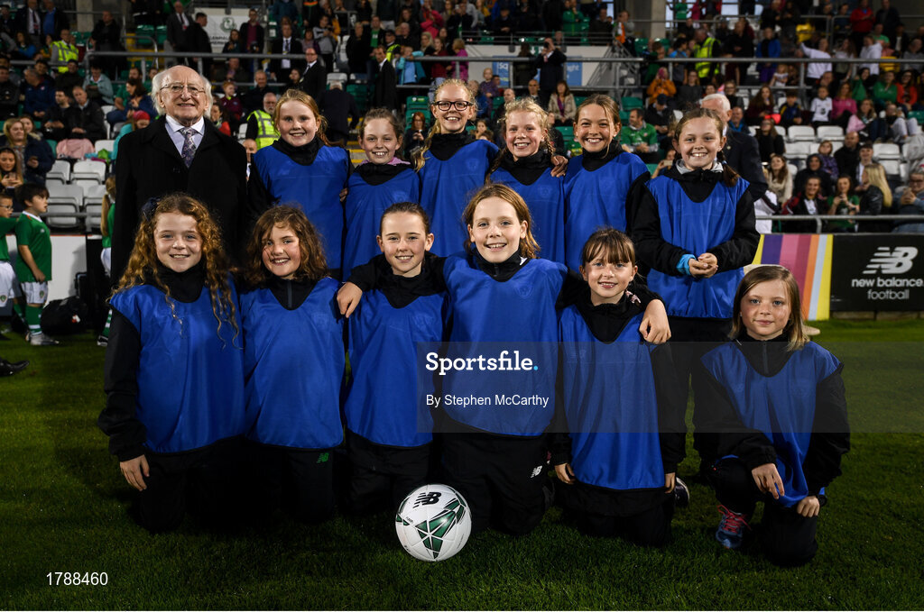 3 September 2019; Ballkids with President of Ireland Michael D Higgins during the UEFA Women's 2021 European Championships Qualifier Group I match between Republic of Ireland and Montenegro at Tallaght Stadium in Dublin. Photo by Stephen McCarthy/Sportsfile