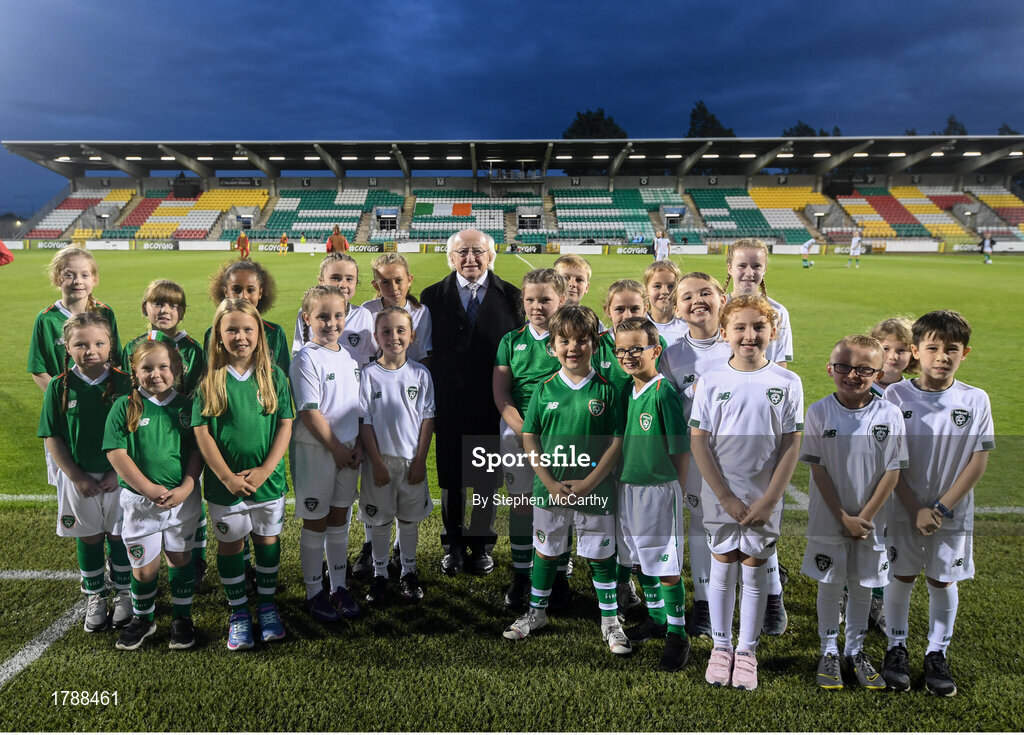 3 September 2019; Mascots with President of Ireland Michael D Higgins during the UEFA Women's 2021 European Championships Qualifier Group I match between Republic of Ireland and Montenegro at Tallaght Stadium in Dublin. Photo by Stephen McCarthy/Sportsfile