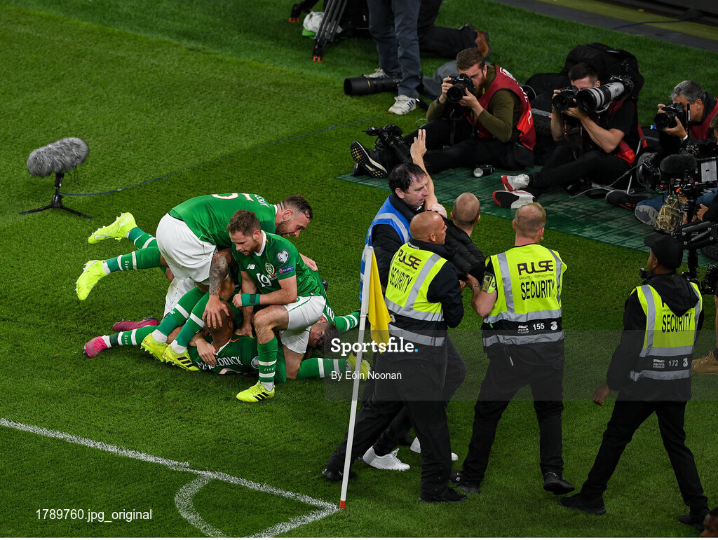 5 September 2019; A pitch invader is removved from the field during the UEFA EURO2020 Qualifier Group D match between Republic of Ireland and Switzerland at Aviva Stadium, Lansdowne Road in Dublin. Photo by Eóin Noonan/Sportsfile