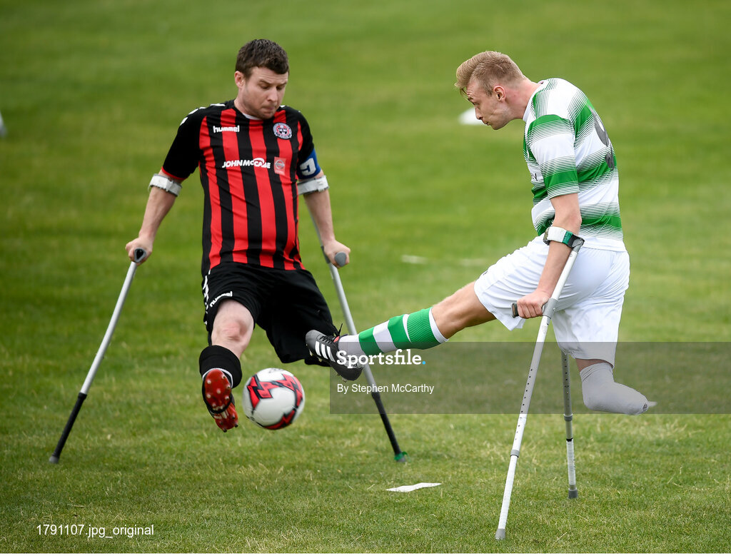 7 September 2019; Kevin Fogarty of Shamrock Rovers and Patrick Hickey of Bohemians during the Megazyme Amputee Football League Cup Finals at Carlisle Grounds in Bray, Co Wicklow. Photo by Stephen McCarthy/Sportsfile