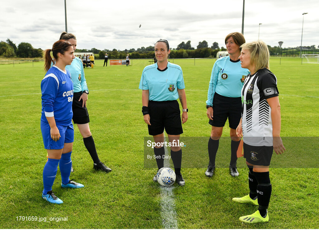 8 September 2019; Referee Sarah Dyas, centrw. with captains Aoife Freyne or Manulla FC, left, and Charlie Graham of Whitehall Rangers during the coin toss prior to the FAI Womens Intermediate Shield Final match between Manulla FC and Whitehall Rangers at Mullingar Athletic FC in Mullingar, Co. Westmeath. Photo by Seb Daly/Sportsfile