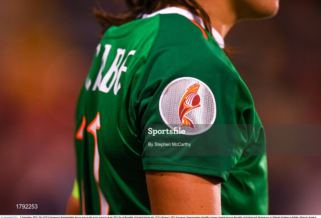 3 September 2019; The UEFA European Championships logo is seen on the jersey worn by Katie McCabe of Republic of Ireland during the UEFA Women's 2021 European Championships Qualifier Group I match between Republic of Ireland and Montenegro at Tallaght Stadium in Dublin. Photo by Stephen McCarthy/Sportsfile