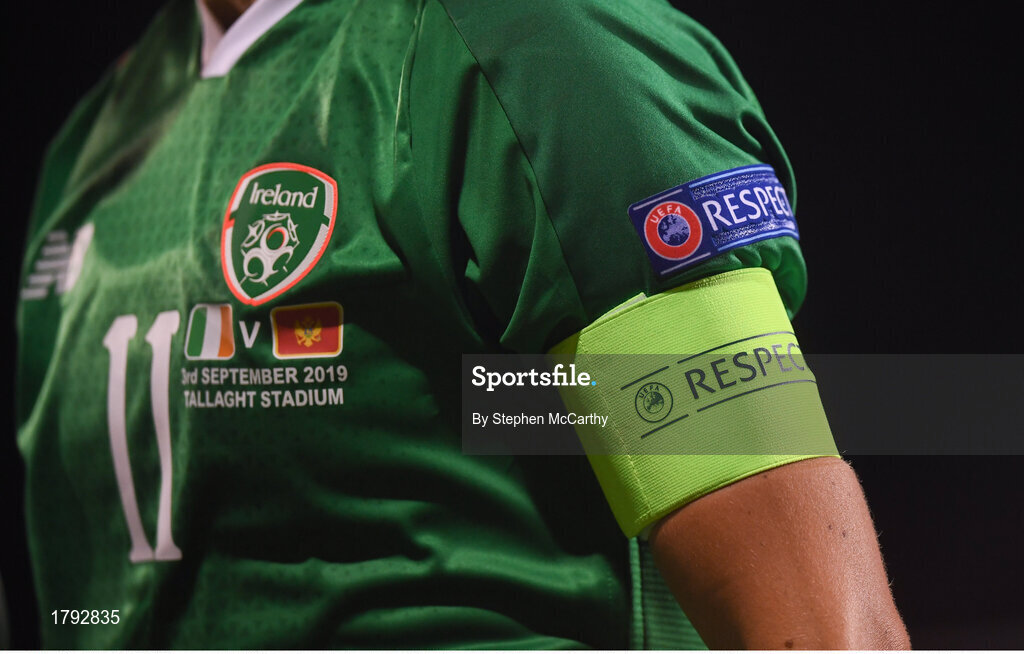 3 September 2019; The UEFA RESPECT logos are seen on the Republic of Ireland captain armband and jersey worn by Katie McCabe during the UEFA Women's 2021 European Championships Qualifier Group I match between Republic of Ireland and Montenegro at Tallaght Stadium in Dublin. Photo by Stephen McCarthy/Sportsfile