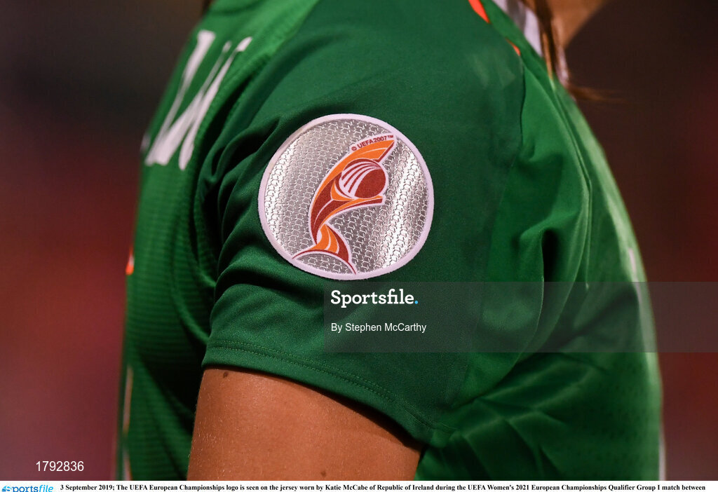 3 September 2019; The UEFA European Championships logo is seen on the jersey worn by Katie McCabe of Republic of Ireland during the UEFA Women's 2021 European Championships Qualifier Group I match between Republic of Ireland and Montenegro at Tallaght Stadium in Dublin. Photo by Stephen McCarthy/Sportsfile
