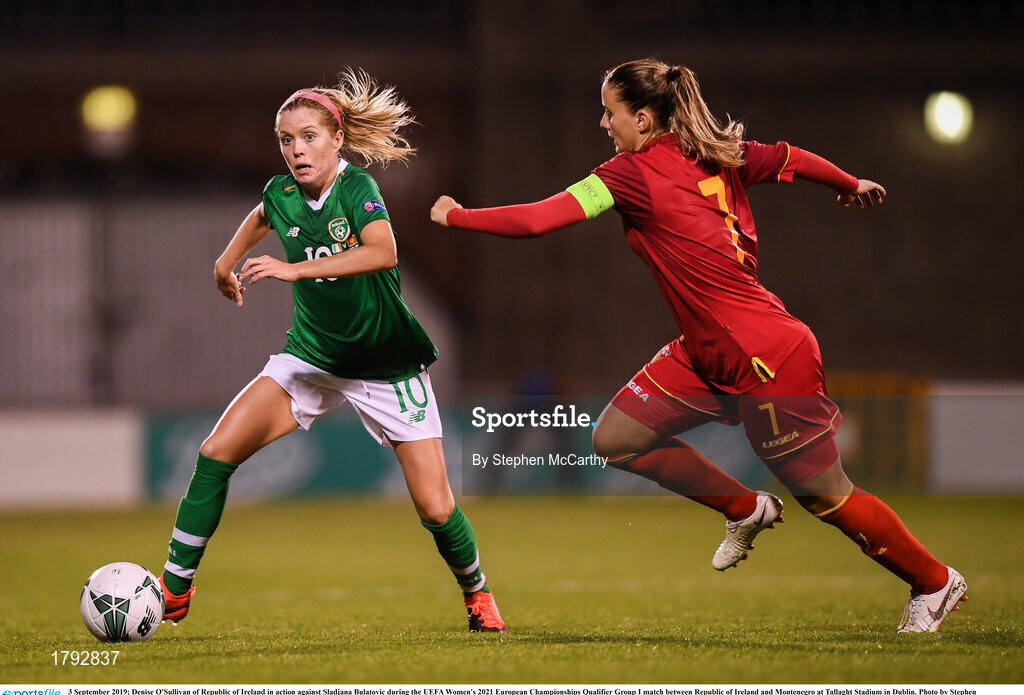 3 September 2019; Denise O'Sullivan of Republic of Ireland in action against Sladjana Bulatovic during the UEFA Women's 2021 European Championships Qualifier Group I match between Republic of Ireland and Montenegro at Tallaght Stadium in Dublin. Photo by Stephen McCarthy/Sportsfile