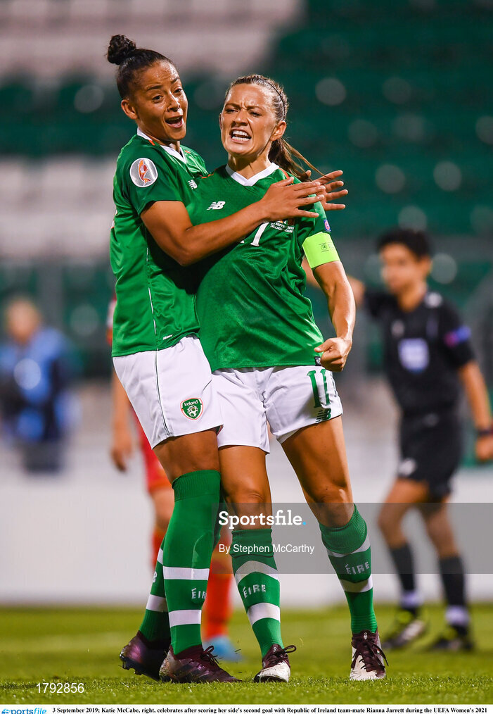 3 September 2019; Katie McCabe, right, celebrates after scoring her side's second goal with Republic of Ireland team-mate Rianna Jarrett during the UEFA Women's 2021 European Championships Qualifier Group I match between Republic of Ireland and Montenegro at Tallaght Stadium in Dublin. Photo by Stephen McCarthy/Sportsfile