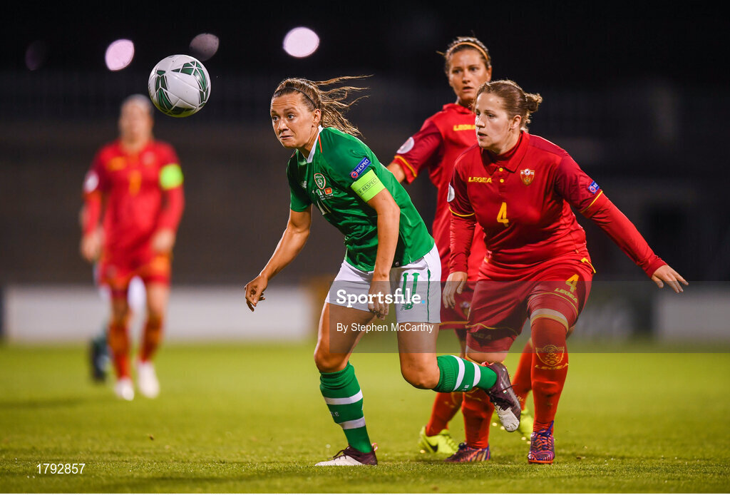 3 September 2019; Katie McCabe of Republic of Ireland and Maja Šaranovic of Montenegro during the UEFA Women's 2021 European Championships Qualifier Group I match between Republic of Ireland and Montenegro at Tallaght Stadium in Dublin. Photo by Stephen McCarthy/Sportsfile