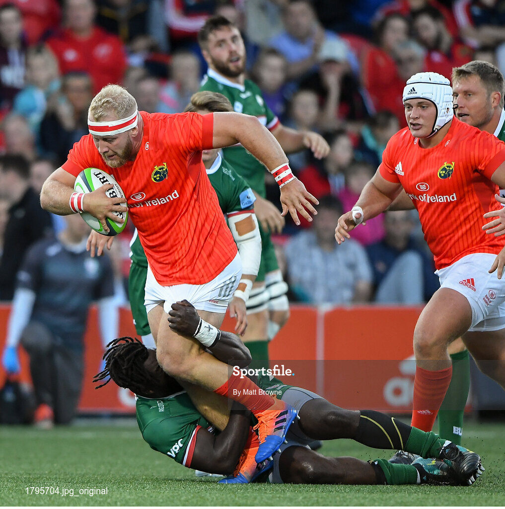 13 September 2019; Jeremy Wycherley of Munster is tackled by Lovejoy Chawatama of London Irish during the Pre-season friendly match between Munster and London Irish at the Irish Independent Park in Cork. Photo by Matt Browne/Sportsfile