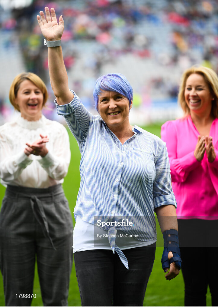 15 September 2019; Áine Wall a member of the Waterford 1994 Jubilee team is honoured ahead of the TG4 All-Ireland Ladies Football Senior Championship Final match between Dublin and Galway at Croke Park in Dublin. Photo by Stephen McCarthy/Sportsfile