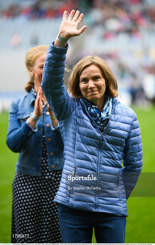 15 September 2019; Catriona Casey a member of the Waterford 1994 Jubilee team is honoured ahead of the TG4 All-Ireland Ladies Football Senior Championship Final match between Dublin and Galway at Croke Park in Dublin. Photo by Stephen McCarthy/Sportsfile