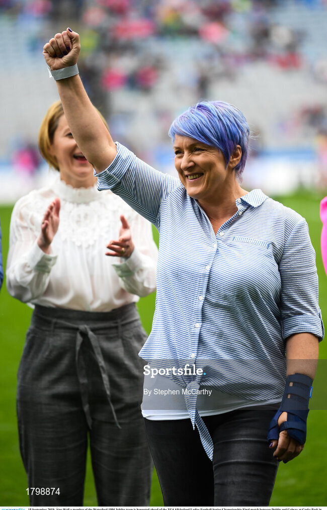 15 September 2019; Áine Wall a member of the Waterford 1994 Jubilee team is honoured ahead of the TG4 All-Ireland Ladies Football Senior Championship Final match between Dublin and Galway at Croke Park in Dublin. Photo by Stephen McCarthy/Sportsfile