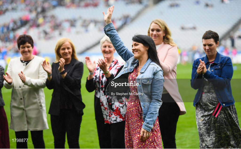 15 September 2019; Rebecca Hallahan a member of the Waterford 1994 Jubilee team is honoured ahead of the TG4 All-Ireland Ladies Football Senior Championship Final match between Dublin and Galway at Croke Park in Dublin. Photo by Stephen McCarthy/Sportsfile