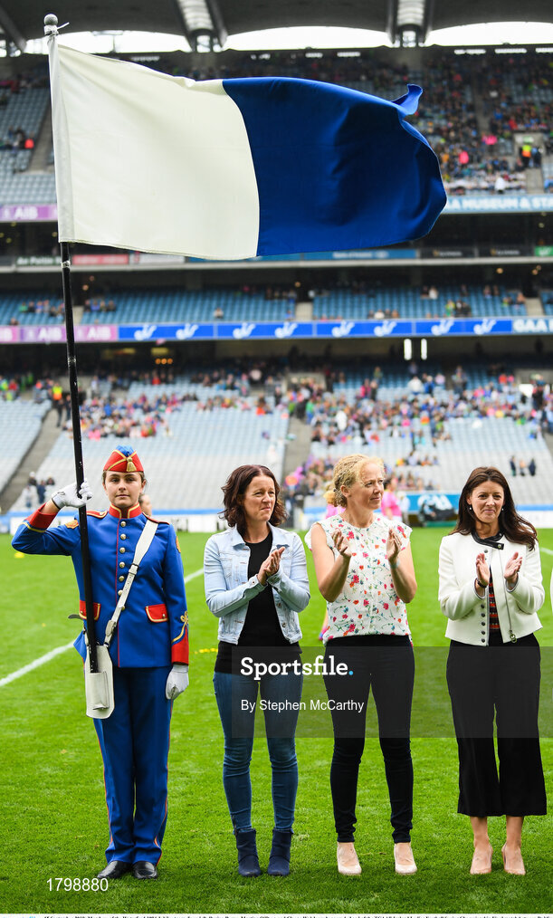 15 September 2019; Members of the Waterford 1994 Jubilee team, from left, Regina Byrne, Martina O'Ryan and Cleona Walsh are honoured ahead of the TG4 All-Ireland Ladies Football Senior Championship Final match between Dublin and Galway at Croke Park in Dublin. Photo by Stephen McCarthy/Sportsfile