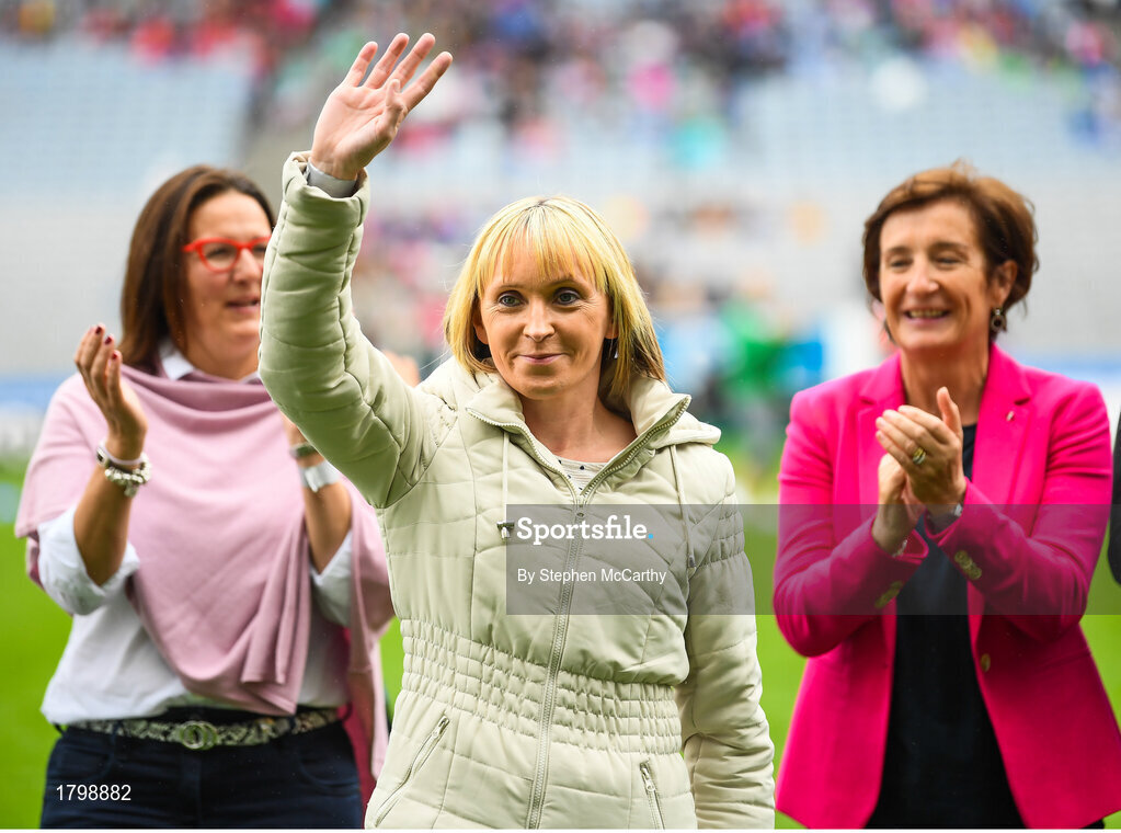 15 September 2019; Julie Ann Torpey a member of the Waterford 1994 Jubilee team is honoured ahead of the TG4 All-Ireland Ladies Football Senior Championship Final match between Dublin and Galway at Croke Park in Dublin. Photo by Stephen McCarthy/Sportsfile