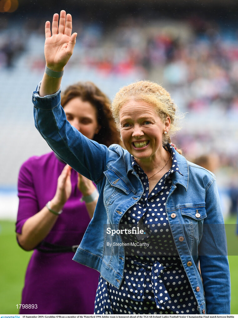 15 September 2019; Geraldine O'Ryan a member of the Waterford 1994 Jubilee team is honoured ahead of the TG4 All-Ireland Ladies Football Senior Championship Final match between Dublin and Galway at Croke Park in Dublin. Photo by Stephen McCarthy/Sportsfile