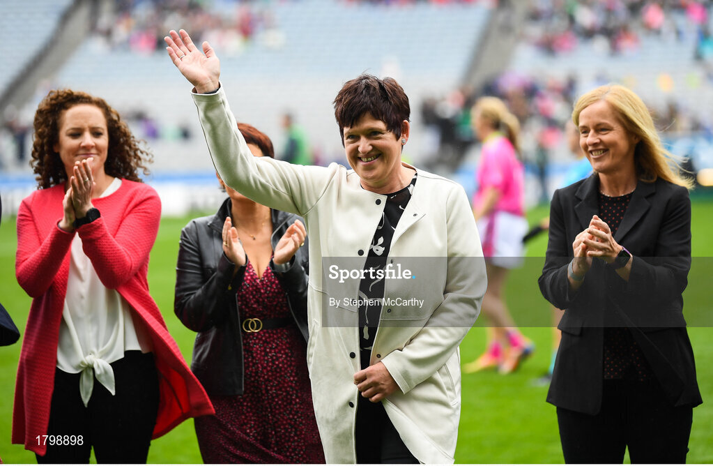 15 September 2019; June Whyte a member of the Waterford 1994 Jubilee team is honoured ahead of the TG4 All-Ireland Ladies Football Senior Championship Final match between Dublin and Galway at Croke Park in Dublin. Photo by Stephen McCarthy/Sportsfile