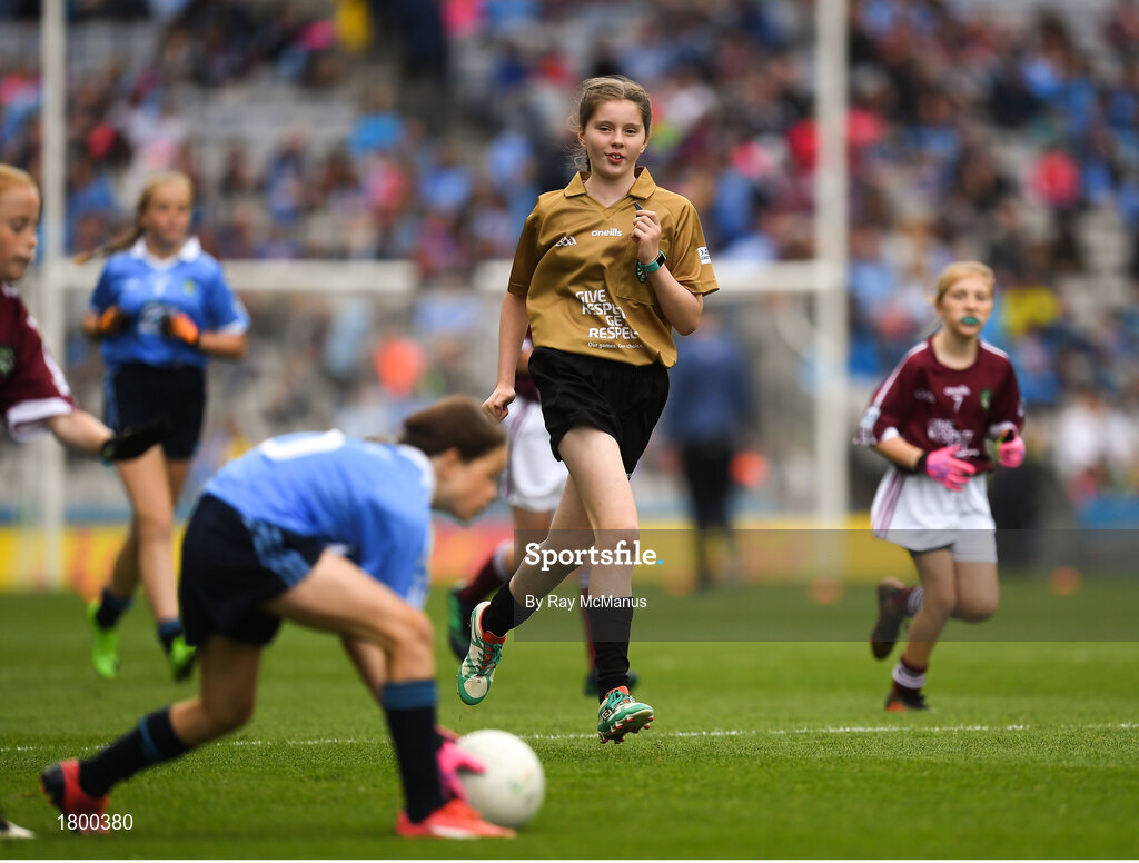 11 August 2018; Referee Mia Gorman, Annyalla NS, Castleblayney, Co Monaghan, during the INTO Cumann na mBunscol GAA Respect Exhibition Go Games at the GAA Football All-Ireland Senior Championship Semi Final match between Dublin and Galway at Croke Park in Dublin.  Photo by Ray McManus/Sportsfile