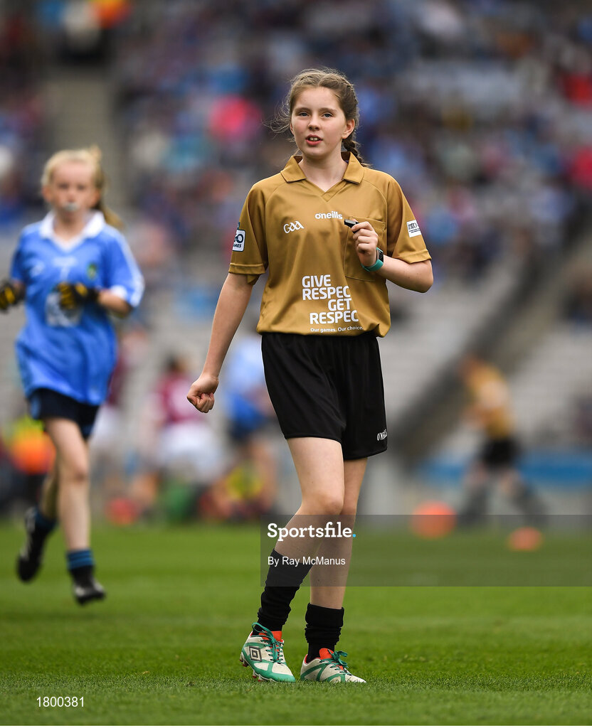 11 August 2018; Referee Mia Gorman, Annyalla NS, Castleblayney, Co Monaghan, during the INTO Cumann na mBunscol GAA Respect Exhibition Go Games at the GAA Football All-Ireland Senior Championship Semi Final match between Dublin and Galway at Croke Park in Dublin.  Photo by Ray McManus/Sportsfile