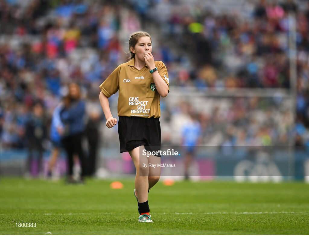 11 August 2018; Referee Mia Gorman, Annyalla NS, Castleblayney, Co Monaghan, during the INTO Cumann na mBunscol GAA Respect Exhibition Go Games at the GAA Football All-Ireland Senior Championship Semi Final match between Dublin and Galway at Croke Park in Dublin.  Photo by Ray McManus/Sportsfile