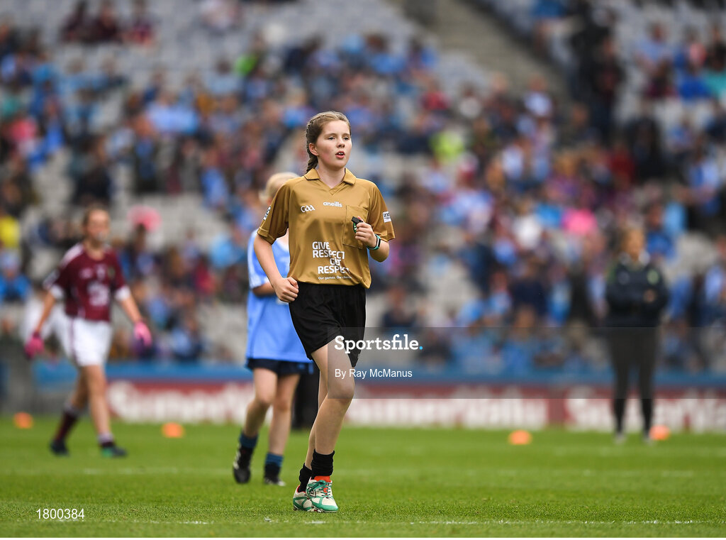 11 August 2018; Referee Mia Gorman, Annyalla NS, Castleblayney, Co Monaghan, during the INTO Cumann na mBunscol GAA Respect Exhibition Go Games at the GAA Football All-Ireland Senior Championship Semi Final match between Dublin and Galway at Croke Park in Dublin.  Photo by Ray McManus/Sportsfile