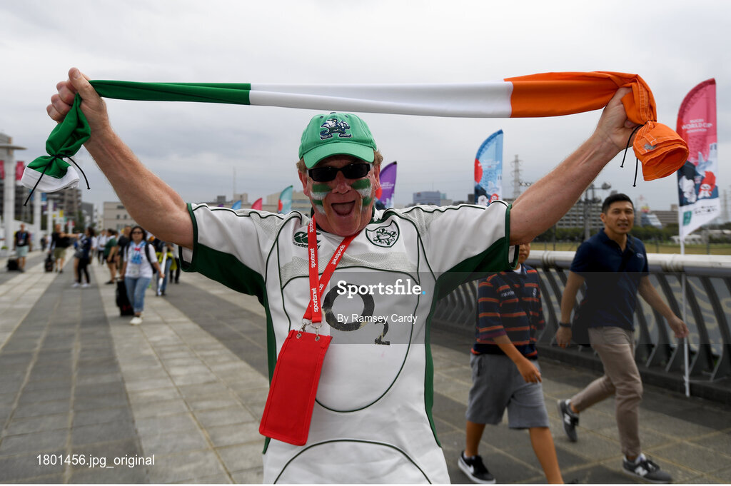 22 September 2019; Ireland supporter from Alan Delaney from Dublin ahead of the 2019 Rugby World Cup Pool A match between Ireland and Scotland at the International Stadium in Yokohama, Japan. Photo by Ramsey Cardy/Sportsfile