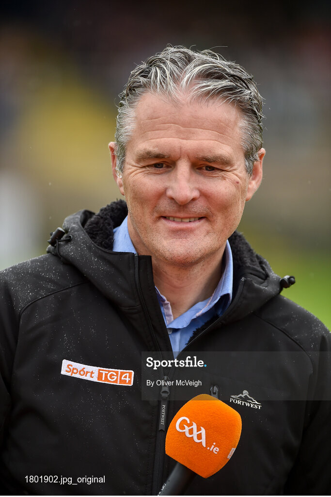 22 September 2019; Presidential candidate Jarlth Burns of Armagh part of the TG4 covrage team before the Fermanagh County Senior Club Football Championship Final match between Derrygonnelly Harps and Roslea Shamrocks at Brewster Park in Enniskillen, Fermanagh. Photo by Oliver McVeigh/Sportsfile