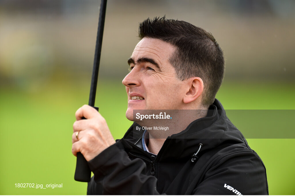 22 September 2019; Mark Hatre part of the TG4 coverage team before the Fermanagh County Senior Club Football Championship Final match between Derrygonnelly Harps and Roslea Shamrocks at Brewster Park in Enniskillen, Fermanagh. Photo by Oliver McVeigh/Sportsfile