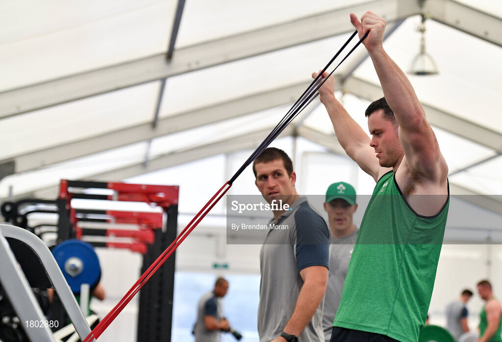 24 September 2019; James Ryan with assistant strength & conditioning coach Ciaran Ruddock during an Ireland Rugby gym session at the Yumeria Sports Grounds in Iwata, Shizuoka Prefecture, Japan. Photo by Brendan Moran/Sportsfile