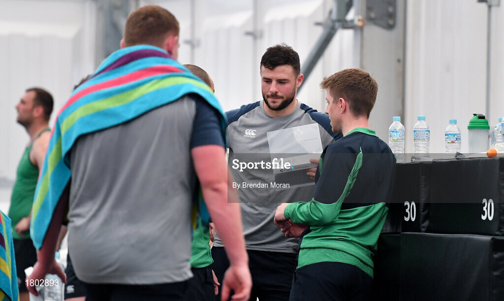 24 September 2019; Robbie Henshaw with team physio Colm Fuller during an Ireland Rugby gym session at the Yumeria Sports Grounds in Iwata, Shizuoka Prefecture, Japan. Photo by Brendan Moran/Sportsfile