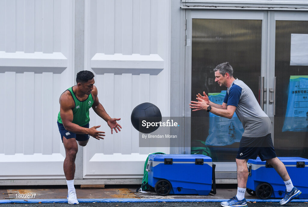 24 September 2019; Bundee Aki with team physio Keith Fox during an Ireland Rugby gym session at the Yumeria Sports Grounds in Iwata, Shizuoka Prefecture, Japan. Photo by Brendan Moran/Sportsfile