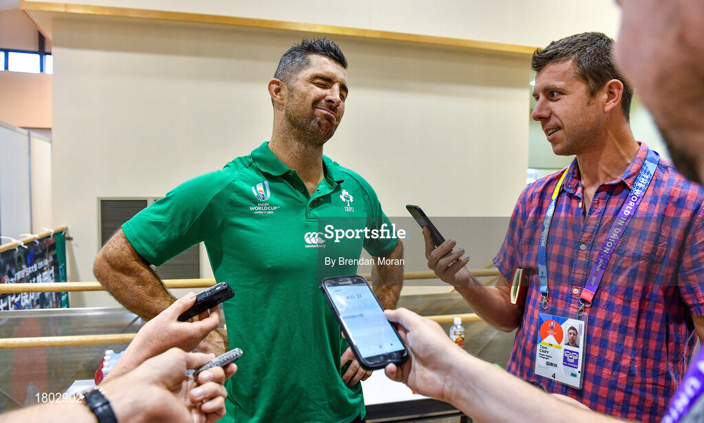 24 September 2019; Rob Kearney speaks to the media during an Ireland Rugby press conference at the Yumeria Sports Grounds in Iwata, Shizuoka Prefecture, Japan. Photo by Brendan Moran/Sportsfile