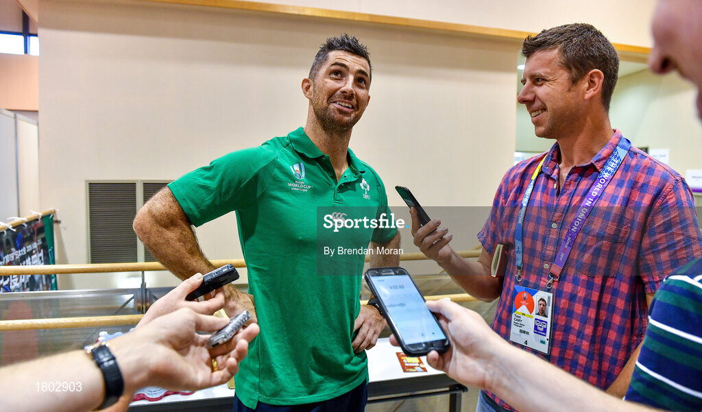 24 September 2019; Rob Kearney speaks to the media during an Ireland Rugby press conference at the Yumeria Sports Grounds in Iwata, Shizuoka Prefecture, Japan. Photo by Brendan Moran/Sportsfile