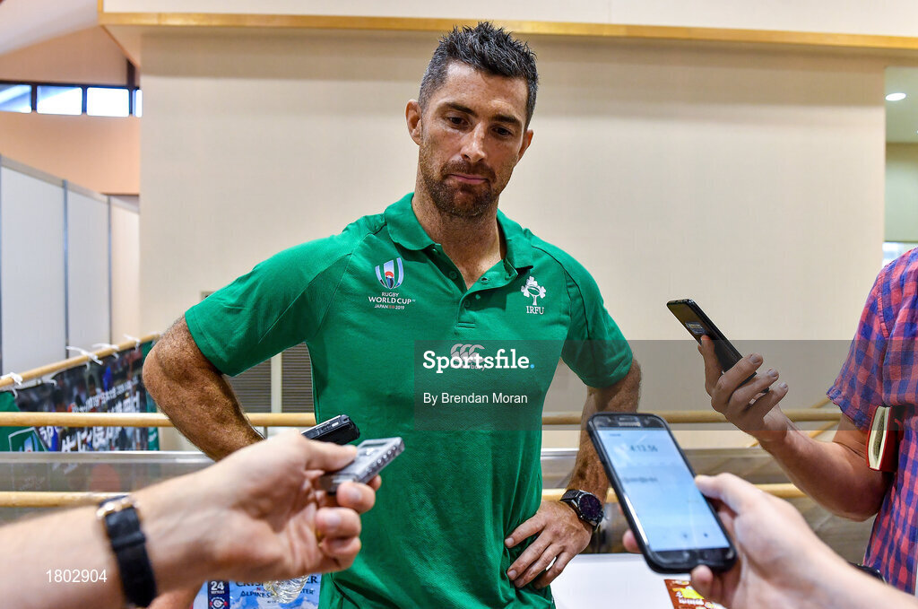 24 September 2019; Rob Kearney speaks to the media during an Ireland Rugby press conference at the Yumeria Sports Grounds in Iwata, Shizuoka Prefecture, Japan. Photo by Brendan Moran/Sportsfile