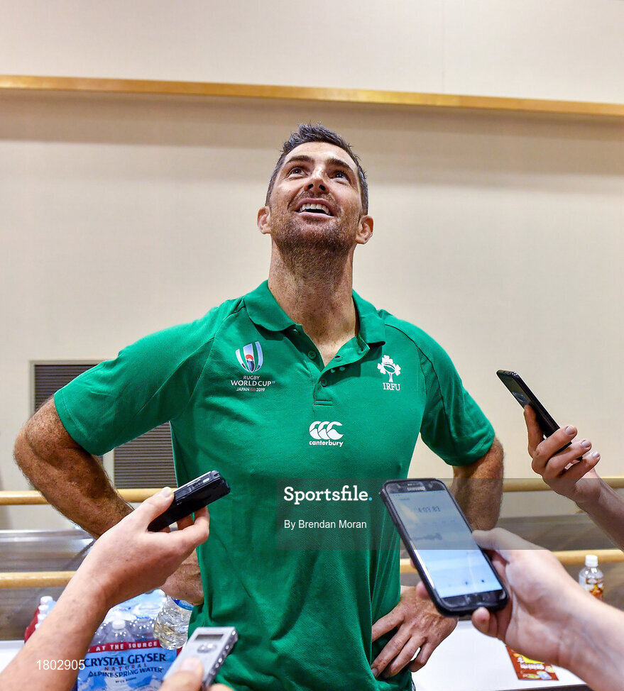 24 September 2019; Rob Kearney speaks to the media during an Ireland Rugby press conference at the Yumeria Sports Grounds in Iwata, Shizuoka Prefecture, Japan. Photo by Brendan Moran/Sportsfile