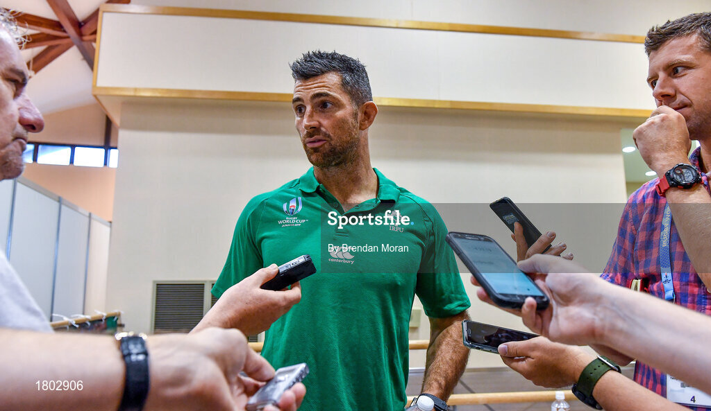 24 September 2019; Rob Kearney speaks to the media during an Ireland Rugby press conference at the Yumeria Sports Grounds in Iwata, Shizuoka Prefecture, Japan. Photo by Brendan Moran/Sportsfile