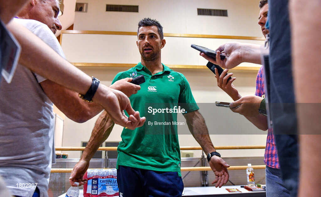 24 September 2019; Rob Kearney speaks to the media during an Ireland Rugby press conference at the Yumeria Sports Grounds in Iwata, Shizuoka Prefecture, Japan. Photo by Brendan Moran/Sportsfile