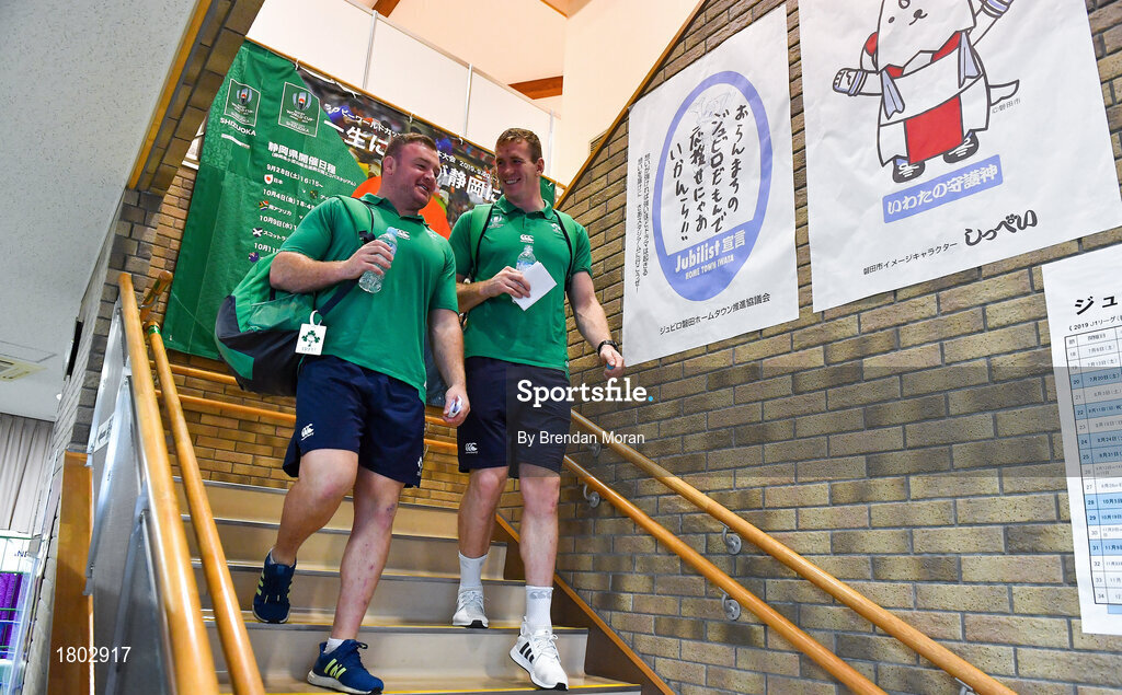 24 September 2019; Dave Kilcoyne, left, and Chris Farrell leave after an Ireland Rugby press conference at the Yumeria Sports Grounds in Iwata, Shizuoka Prefecture, Japan. Photo by Brendan Moran/Sportsfile